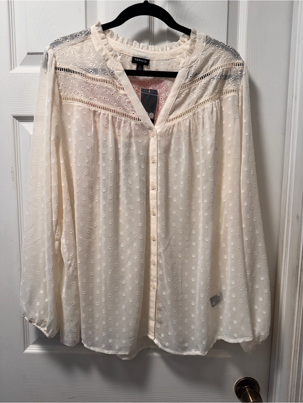 torrid Cream Swiss Dot Lace Yoke Button-Down Blouse